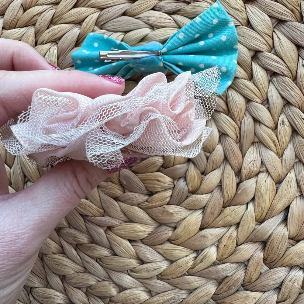 Turquoise Polka Dot Bow & Pink Flower Hair Clip Set for Kids